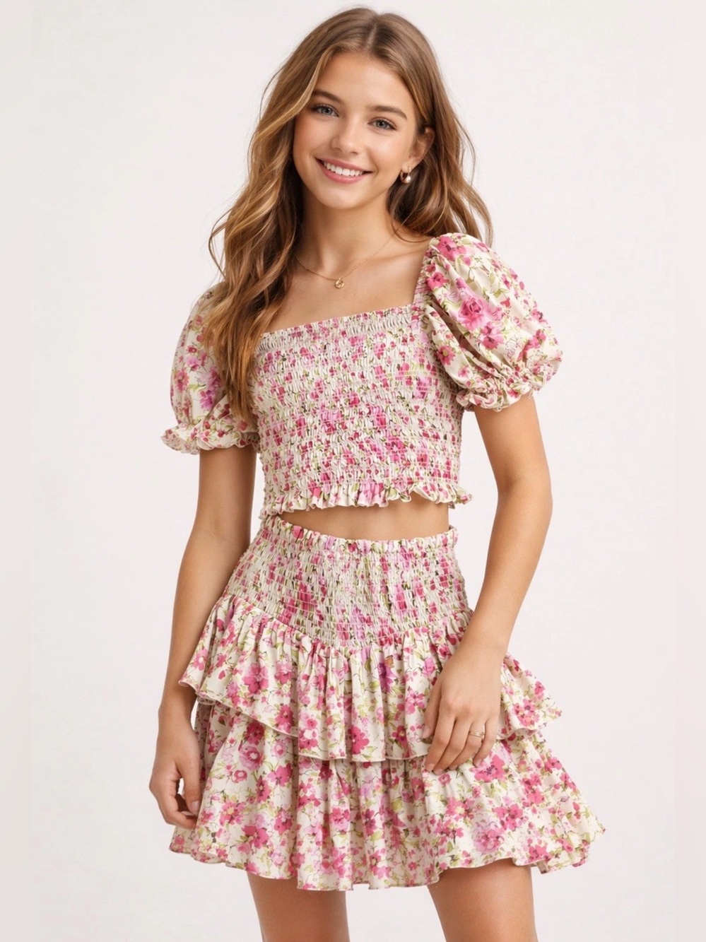 Katie J NYC Pink Floral Smocked Puff Sleeve Top Skirt Set L Bloomingdales